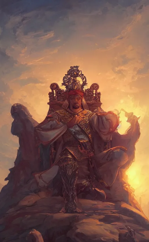 Image similar to a beautiful artwork illustration, a king sitting on his throne in a grand hall at sunset, by greg rutkowski and jesper ejsing and raymond swanland, featured on artstation, wide angle, vertical orientation