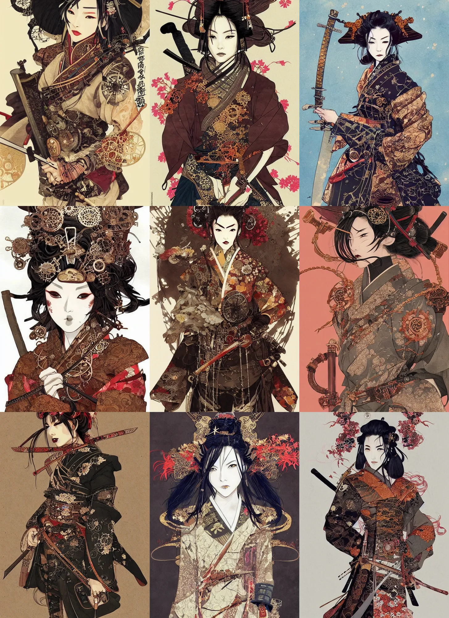 Prompt: very beautiful steampunk samurai, detailed portrait, wearing kimono armor, sword, by conrad roset, takato yomamoto, jesper ejsing, beautiful
