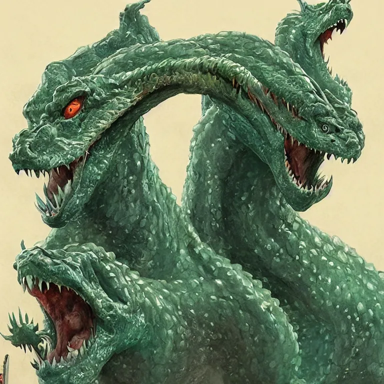 Image similar to two - headed hydra of lerna, jim carey as lloyd christmas and jeff daniels as harry dunne ( from dumb and dumber ), serpentine water monster, aquatic, d & d, fantasy, portrait, highly detailed, digital painting, trending on artstation, concept art, sharp focus, illustration, art by artgerm and greg rutkowski and magali villeneuve