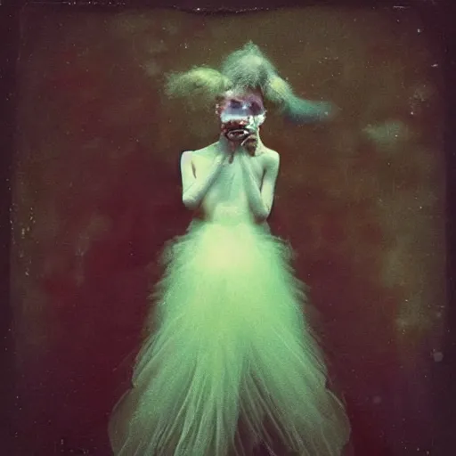 Image similar to damaged kodak portra 4 0 0, wetplate, photo of a surreal artsy dream scene,, very beautiful model, weird fashion, grotesque, extravagant dress, strange pose, carneval, with an animal, wtf, photographed by paolo roversi style