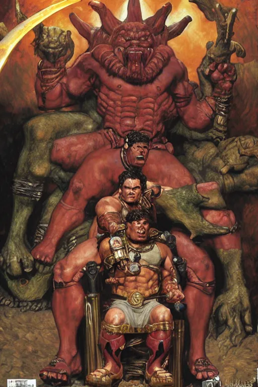 Image similar to hulking brute mayan demon on throne, by alex ross and jack kirby and sergey kolesov and jason fabok and lawrence alma tadema and norman rockwell and greg staples and rick berry and jeremy man