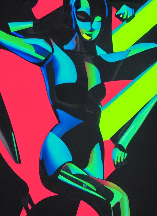 Image similar to futuristic lasers tracing, data visualization, laserpunk fullbodysuit,, pyramid visor, raindrops, wet, oiled, beautiful cyborg girl pinup, by steven meisel, kaws, james jean, rolf armstrong, cubist perfect geometry abstract acrylic, hyperrealism photorealistic airbrush collage painting, monochrome, neon fluorescent colors, minimalist rule of thirds, eighties eros