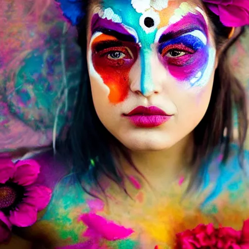 Image similar to stunning portrait photograph of a beautiful woman with her face painted. face painting of beautiful flowers. rich colors.