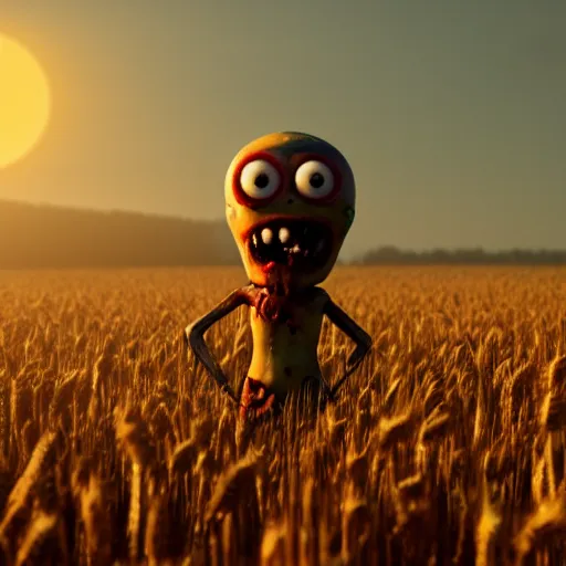 Prompt: a still of an anthropomorphic zombie emoji, standing in a field of wheat at sunset, in a Disney Pixar movie, body horror, moody, foggy, 35mm f2.8, 4k, artstation, PBR materials, Pixar renderman render