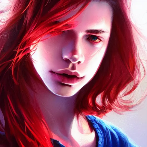 Image similar to colorful and festive captivating teenager with straight brown hair covering his eye, dark skin, big lips, wearing a red t - shirt. rich vivid colors, ambient lighting, dynamic lighting, 4 k, atmospheric lighting, painted, intricate, highly detailed by charlie bowater