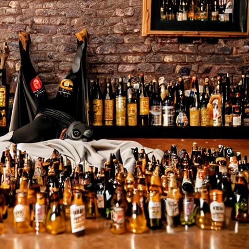 Image similar to batman lying on the floor in a pub surrounded by beer bottles, 8 k photography, golden hour