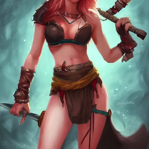 Prompt: very beautiful female barbarian, smiling, flirty, eye contact, perfect face, perfect body, drawn by charlie bowater