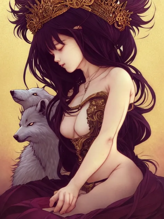 Image similar to full body picture of a girl with wolf ear sitting on the throne, bored, beautiful and aesthetic, intricate, unreal engine, messy hair, highly detailed, detailed face, smooth, sharp focus, chiaroscuro, manga illustration, artgerm, greg rutkowski, ilya kuvshinov, rossdraws, alphonse mucha, young adult light novel cover art