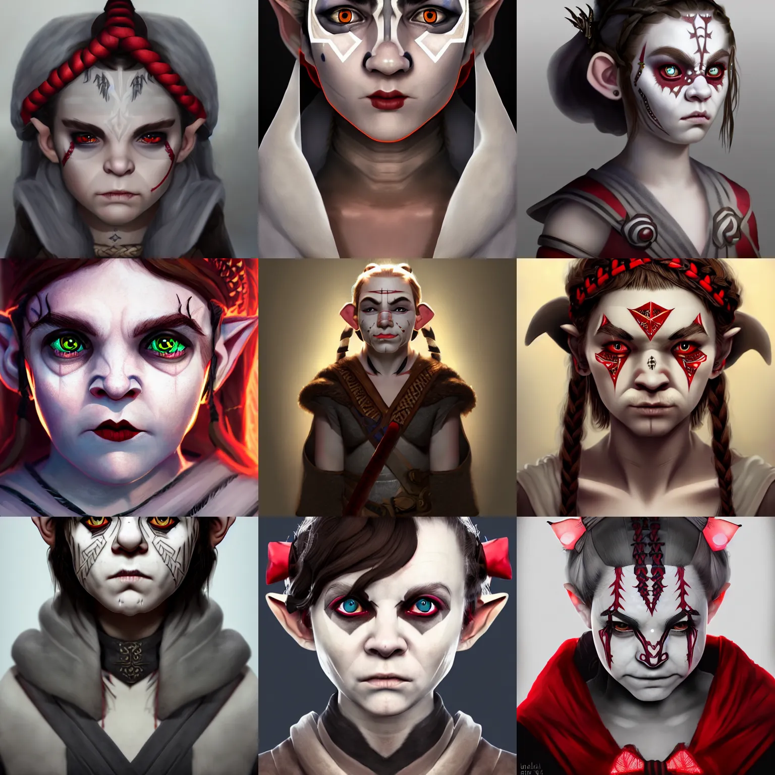 Prompt: dnd avatar portrait of halfling, strange geometric facial tattoos, grey robe, pale - white skin, red eyes, white braided hair with black bows, tired haunted expression, artstation, cinematic lighting, hyper - detailed 8 k
