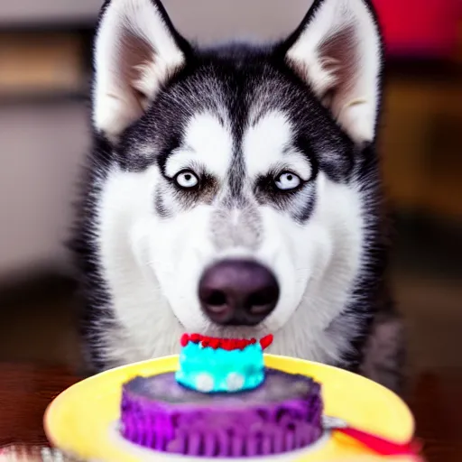 Prompt: a high - quality photo of a husky eating a birthday cake, f 3. 5, sharpened, iso 2 0 0