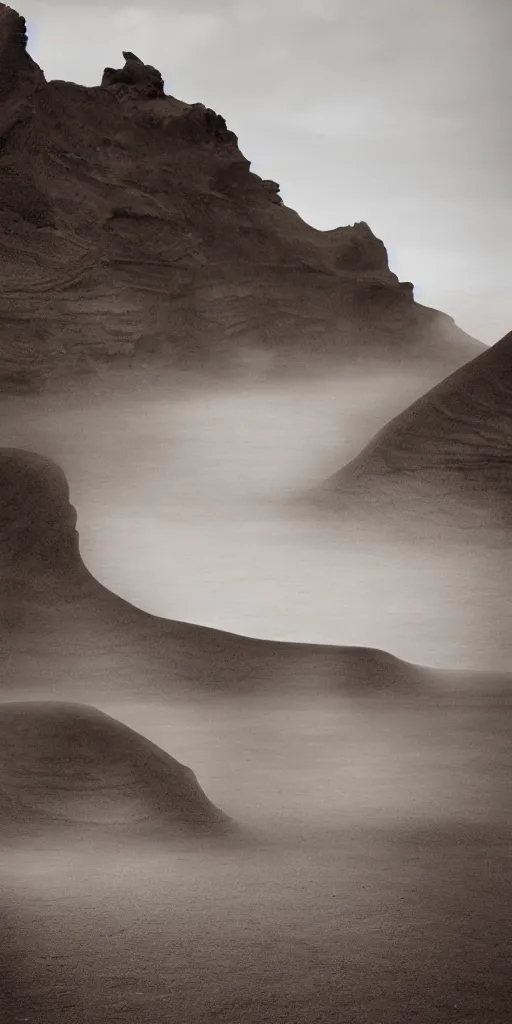 Prompt: dream looking through a hyper realistic photograph of abarren desert canyon, minimal structure, misty, raining, meditative, icelandic valley, river, in the style of reuben wu, roger deakins