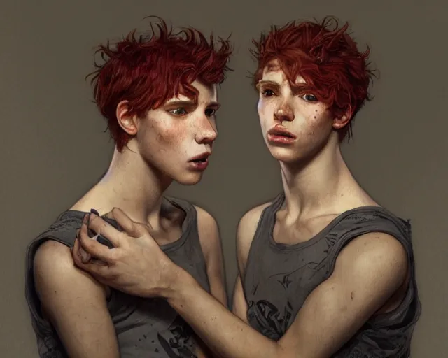 Image similar to portrait of 1 9 - year - old male twins with red hair and freckles, two male, wearing shirts, hyper realistic face, beautiful eyes, fantasy art, in the style of greg rutkowski, intricate, alphonse mucha, hyper detailed, smooth