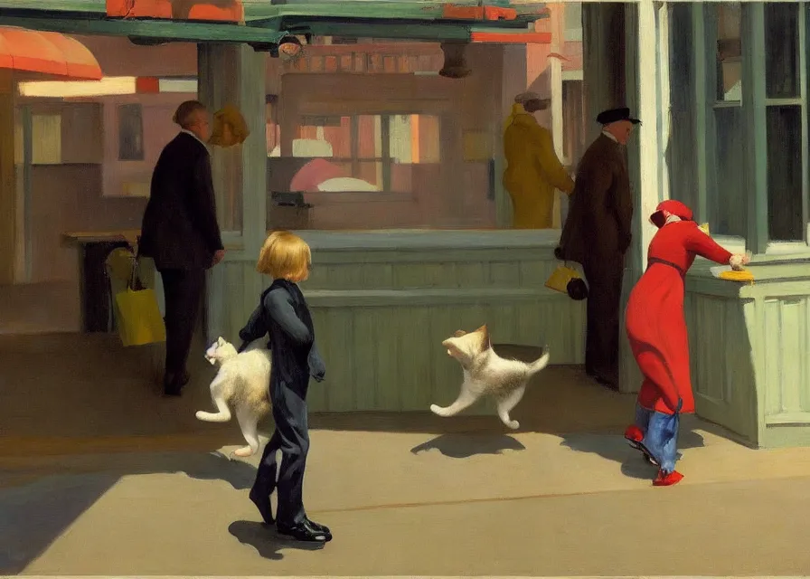 Image similar to a brownish gray tabby cat walking on its hind legs like a human shopping at costco, american realism style, edward hopper, george bellows, bo bartlett, jamie wyeth