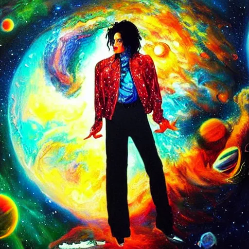 Image similar to painting of Michael Jackson posing in a cosmic scenic environment by Android Jones, trending on Artstation, hyperdetailed, beautiful, stars, planets, nebula, medium shot, mid-shot