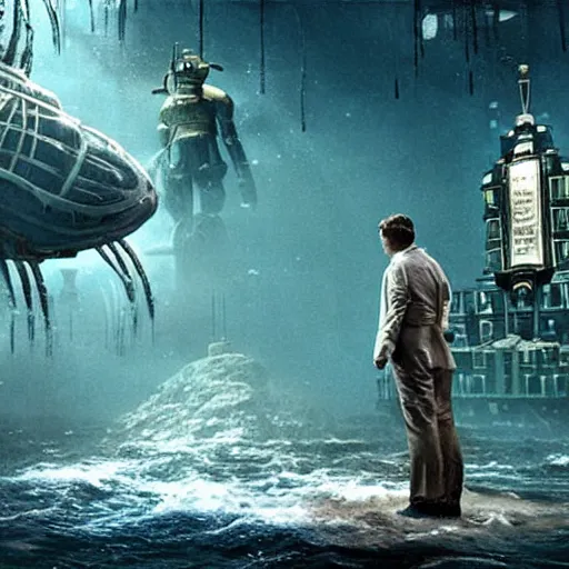 Image similar to movie poster depicting andrew ryan, portrayed by leonardo dicaprio, in a new live - action bioshock movie, the underwater city of rapture is also present