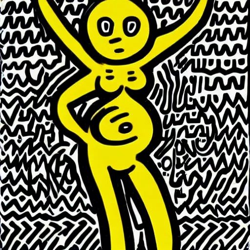 Image similar to a black woman, pregnant, by keith harring, intricate details, colorful, happy, bright