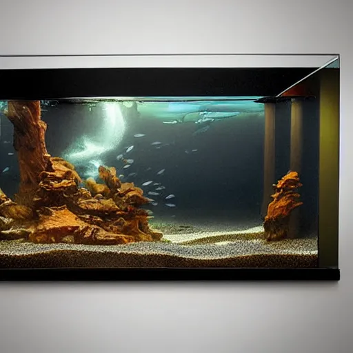 Prompt: an aquarium on a table, containing a dark stormy sea inside the aquarium, large dark waves, miniature, dramatic, fantasy concept art, digital painting, oil painting, hyperrealistic, highly detailed, by greg rutkowski