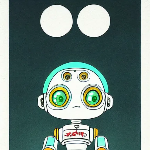 Image similar to very cute, small robot, friendly eyes, anime art by Hayao Miyazaki.