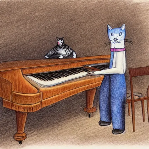 Image similar to anthropomorphic cat playing piano on stage at concert hall, detailed color pencil drawing 4 k