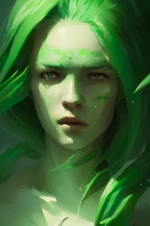 Image similar to character art by greg rutkowski, young woman, green hair, green skin, nature powers, 4 k, arstation, trending