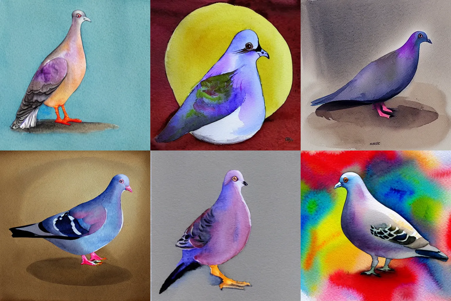 Prompt: High-Quality watercolor painting of a pigeon, very detailed, peaceful, digital art.
