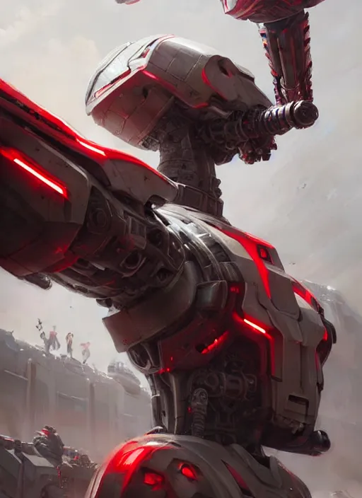 Image similar to a portrait of epic mechanical futuristic war army and robots with red and white accent highly detailed, digital painting, concept art, smooth, sharp focus, illustration, art by greg rutkowski