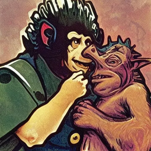 Image similar to baby gamorrean guard being looked after by tom baker dr who, alphonse mucha