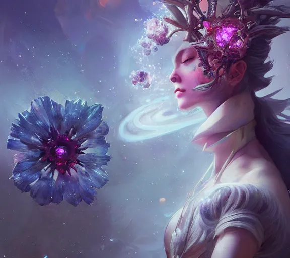 Image similar to beautiful girl necromancer covered with crystals exploding space, 3 d render, hyper realistic detailed portrait, holding magic flowers, ruan jia, wlop. scifi, fantasy, hyper detailed, octane render, concept art, peter mohrbacher