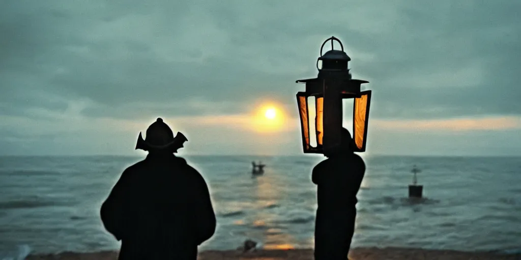 Image similar to film still of closeup old man holding up lantern by his beach hut at night. pirate ship in the ocean by emmanuel lubezki