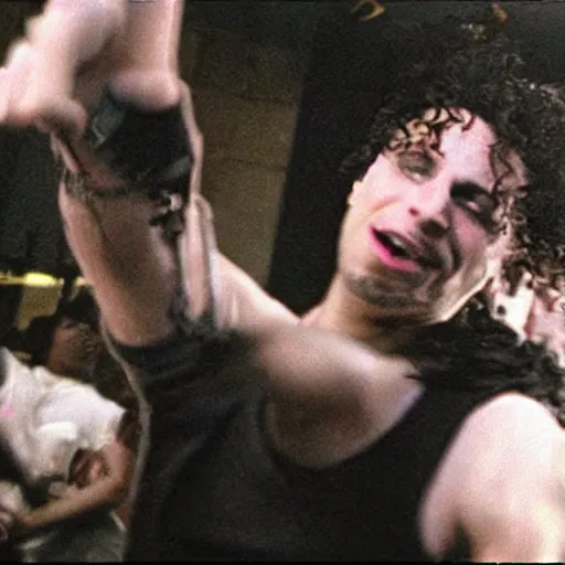 Image similar to zack de la rocha dancing in new york film still from fight club