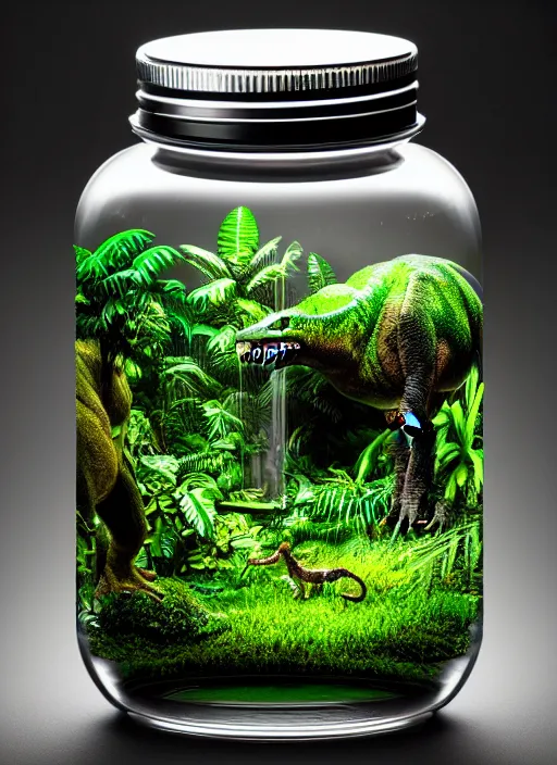 Prompt: a lush jungle landscape inside a ornate glass jar, hyper realistic, 7 5 mm lens, studio lighting, jurassic world, grey backdrop