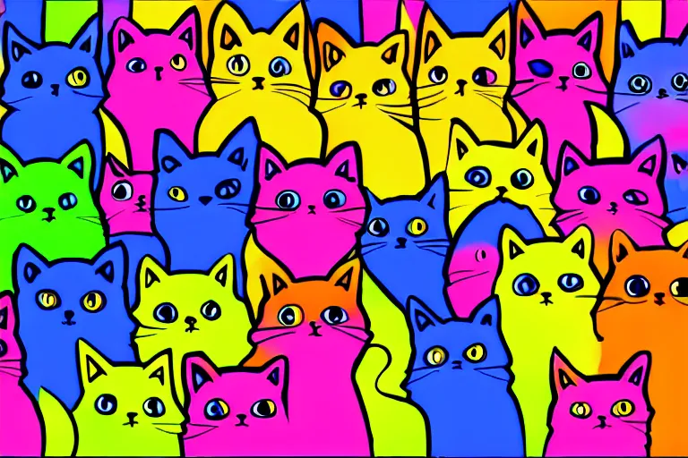 Image similar to bright, colurful, cartoon cats, facing directly, hypersaturated, various colors, ultra detailed, 8 k