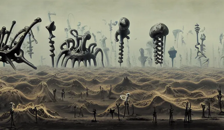 Prompt: still frame from Prometheus by Yves Tanguy and utagawa kuniyoshi, Vast hell plains with resurrecting ornate mycelium bone skeletons and skulls in style of Jakub rozalski and Simon Stalenhag with character designs by Neri Oxman, metal couture haute couture editorial