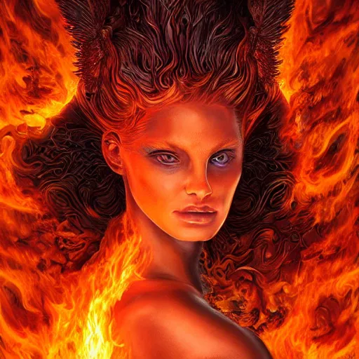 Image similar to A stunning portrait of a goddess with a body made of flames by Jim Burns, 8K UHD, intricate, fantasy, Trending on artstation.