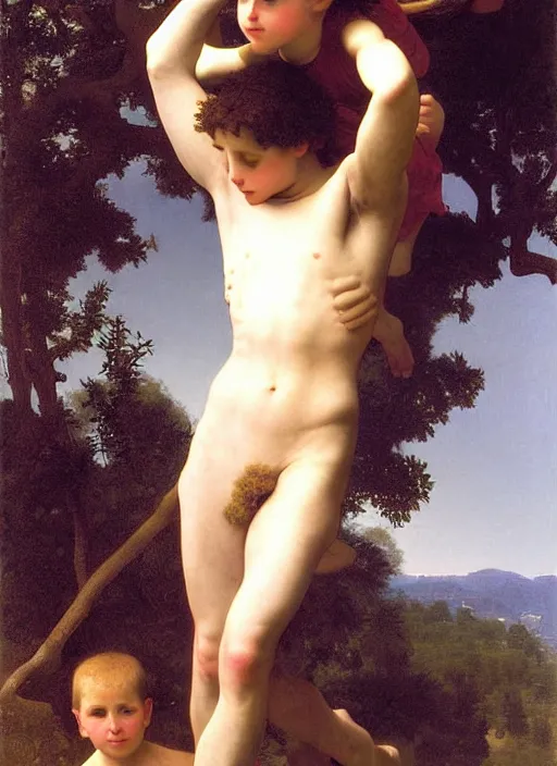 Image similar to a young man holding the head of a monster, climbing a hill in front of a crowd, extremely realistic and highly detailed painting by william - adolphe bouguereau and caravaggio, soft light, gold ratio