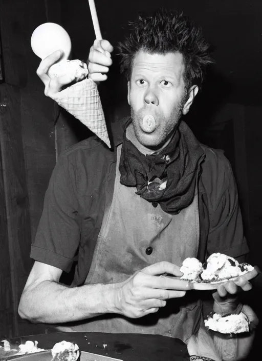 Image similar to Tom Waits eating ice cream pizza , photograph