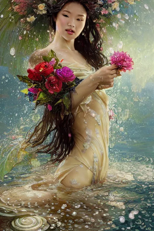 Image similar to portrait of a beautiful woman wearing a cheongsam dress, holding a bouquet of flowing flowers, drenched body, wet dripping hair, emerging from the water, fantasy, regal, fractal crystal, fractal gems, by stanley artgerm lau, greg rutkowski, thomas kindkade, alphonse mucha, loish, norman rockwell