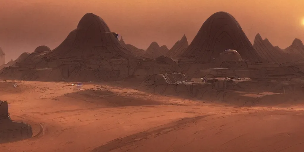 Image similar to dune city and temples of arrakis, arrakeen, from frank herbert novels, composition idea concept art for movies, style of denis villeneuve and greg fraiser