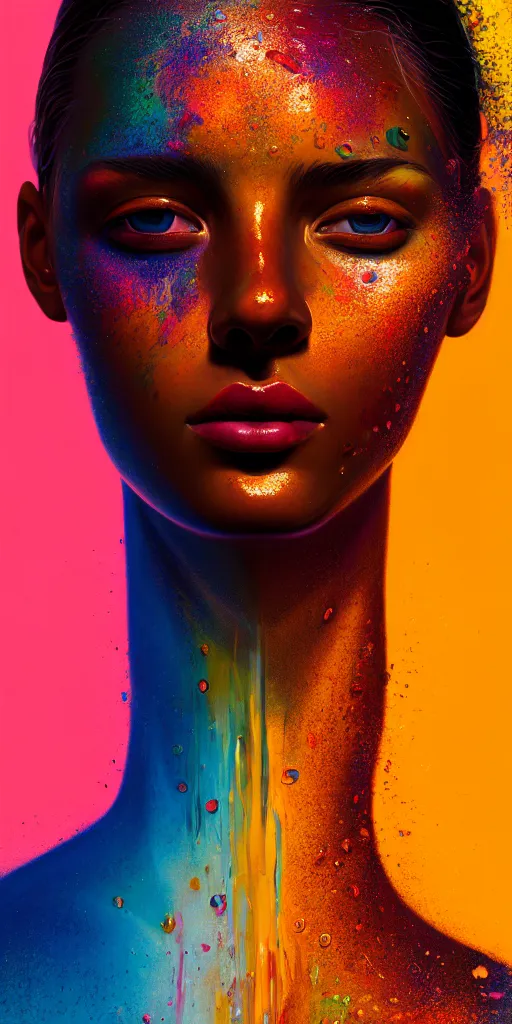 Image similar to portrait of very beautiful woman, face emerging from pool of colorful oils, brown skin, realism, extreme detail, real life, key art, soft light, volumetric light, 3 - d shadows, photo by james jean and wlop, photoshoot