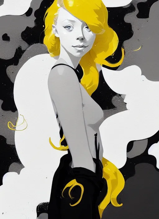 Image similar to highly detailed closeup portrait of beautiful portia doubleday, blonde wavy hair, angela moss, white suit by atey ghailan, by greg rutkowski, by greg tocchini, by james gilleard, by joe fenton, by kaethe butcher, gradient yellow, black and white color scheme, grunge aesthetic!!! ( ( graffiti tag wall background ) )