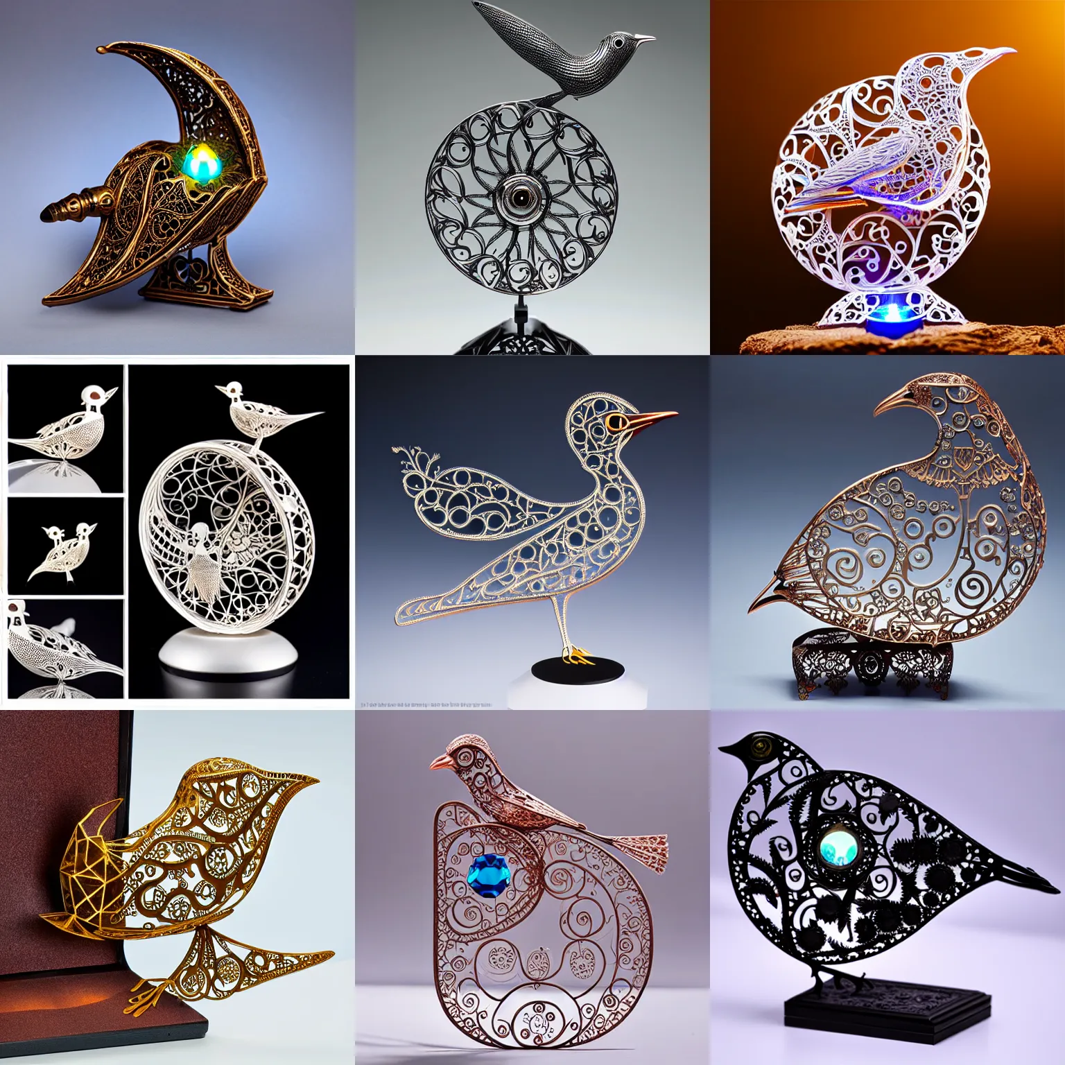 Prompt: hollow filigree bird - shaped machine, with a glowing gemstone inside it, detailed 8 k, award - winning photography