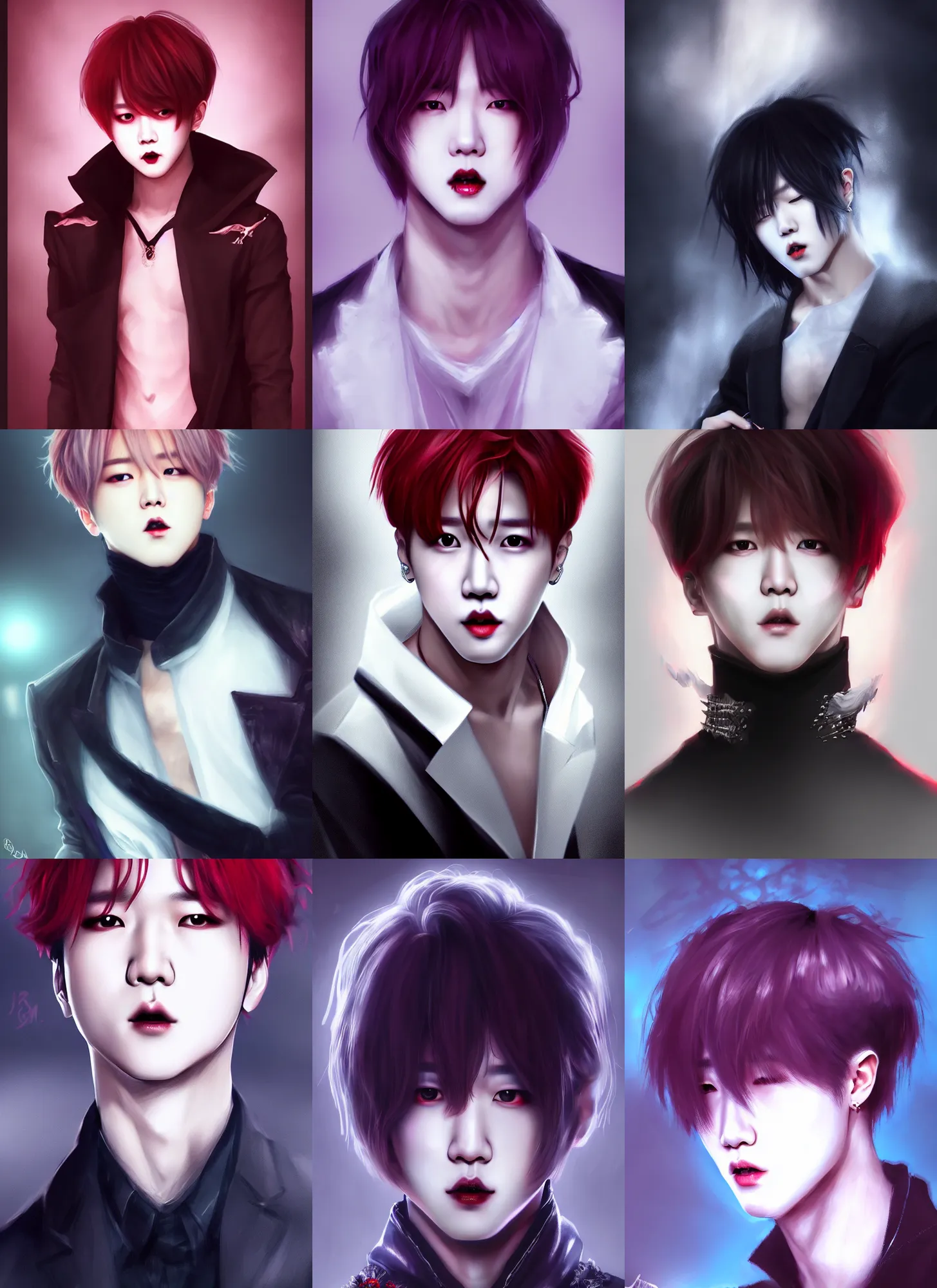 Prompt: park jimin as a vampire. wearing intricate styled outfit, semi realism, anime realism, symmetrical face, slim face, distinctive features, appealing, photorealism, uhd, amazing depth, glowing, wlop sakimichan, greg rutowski, volumetric lighting, dramatic lighting, foggy, artstation concept art