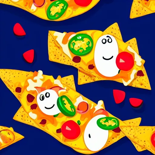 Image similar to cute nachos with cheese and jalapeno illustrations, white background, drawing, cartoon,