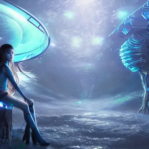 Prompt: ultra realistic illustration of cyber fairy, song hye - kyo, alien homeworld, epic landscape, swamps, advanced technology, special effects, colorful lights, space ship in the distance, intricate, elegant, highly detailed, digital painting, artstation, concept art, smooth, sharp focus, illustration, art by artgerm and tim mcburnie and anato finnstark