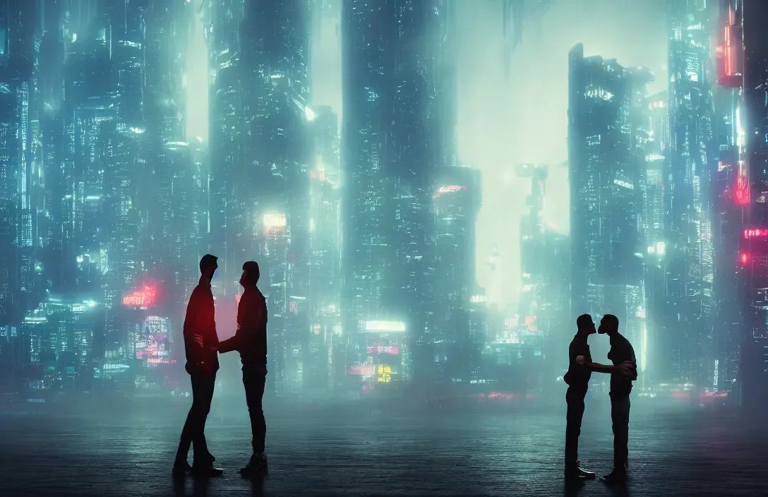 Image similar to men kissing in front of a foggy view of cyberpunk style future city, neon lights, a hyper realistic professional photographic view,very beautiful scenery, very realistic painting effect, hd, hdr, cinematic 4k wallpaper, 8k, ultra detailed, high resolution,