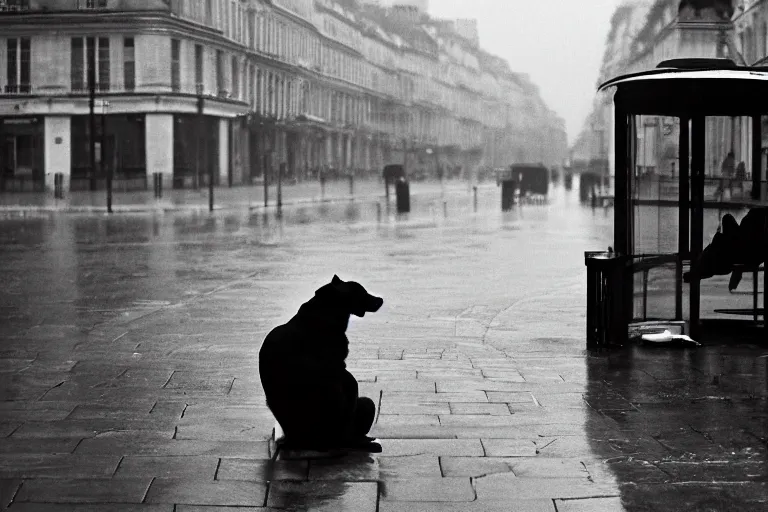 Image similar to a photograph of a dog in a business suit sat at the bus stop reading the newspaper, on a french parisian street in the morning on a rainy day, by henri cartier bresson, cinematic, beautiful lighting, leica