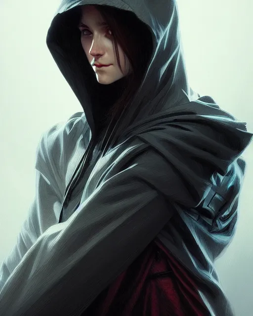 Image similar to Portrait of a hacker wearing hood, dark fantasy, medium shot, intricate, elegant, highly detailed, digital painting, artstation, concept art, smooth, sharp focus, illustration, art by artgerm and greg rutkowski and alphonse mucha