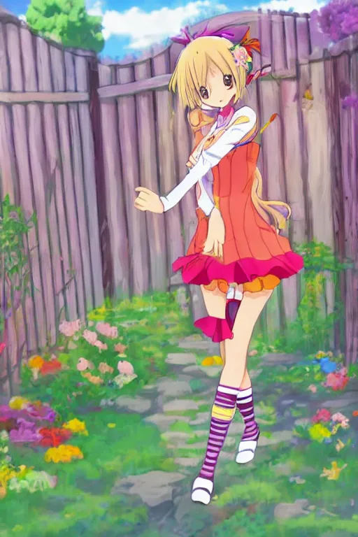 Prompt: a very cute art of a smiling anime girl idol wearing a colorful dress, walking at the garden, walking over a skeleton, in the style of anime, near a stone gate