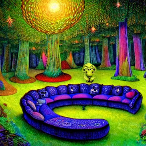 Image similar to psychedelic couch sofa in the lush forest, milky way, designed by moebius, rob gonsalves, gustav dore, giuseppe arcimboldo and carl barks, louis wain, trending on artstation, canada, star, sharp focus, colorful refracted sparkles and lines, soft light, 8 k 4 k