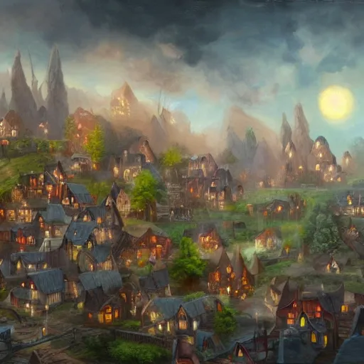 Image similar to the village of gremlins, oil painting, pale colors, high detail, 8 k, wide angle, trending on artstation,